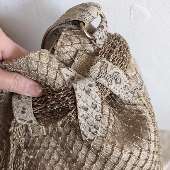 El Vaquero Beige Python Hobo Bucket Bag Purse Snakeskin Fishnet Linen - Picture 7 of 15